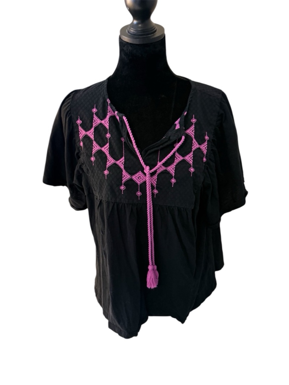 Knox Rose Black Top with Pink Embroidery